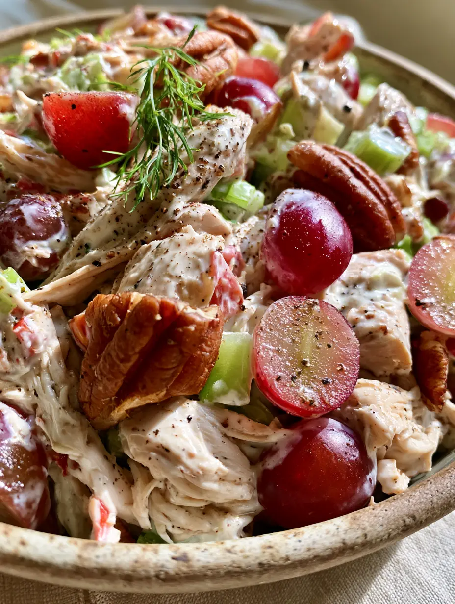 Chicken Salads: The Ultimate Creamy Rotisserie Chicken Salad with Grapes and Pecans 4 Extreme close-up of premium shredded chicken salad with glistening grapes and velvety dressing. (Chicken Salads)