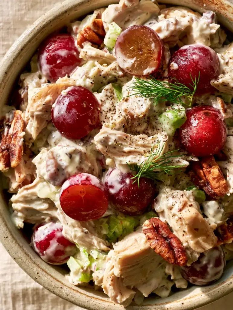 Chicken Salads: The Ultimate Creamy Rotisserie Chicken Salad with Grapes and Pecans 1 High-angle shot of a rustic ceramic bowl containing chicken salad with toasted pecans and fresh dill.