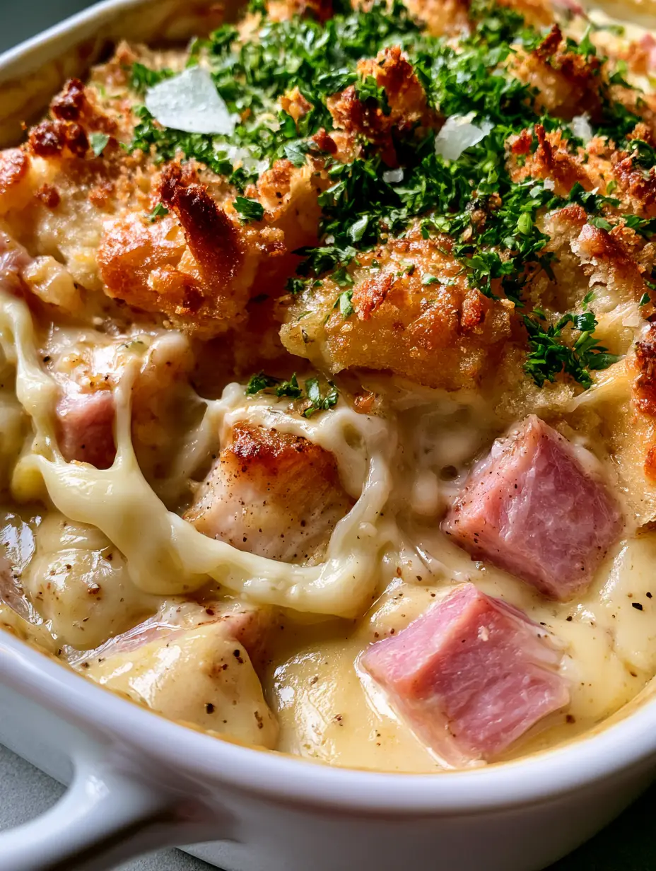 Chicken Cordon Bleu Recipe: The Ultimate Bubbly Casserole with Golden Panko Crust 3 A 45-degree angle shot of a white ceramic baking dish filled with seared chicken, ham, and bubbling cheese. (Chicken Cordon Bleu recipe)