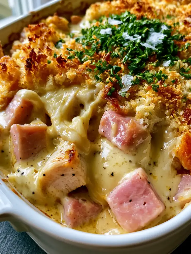 Chicken Cordon Bleu Recipe: The Ultimate Bubbly Casserole with Golden Panko Crust 1 Detailed shot of the thick uneven panko crust with jagged crispy edges and bright green parsley garnish.