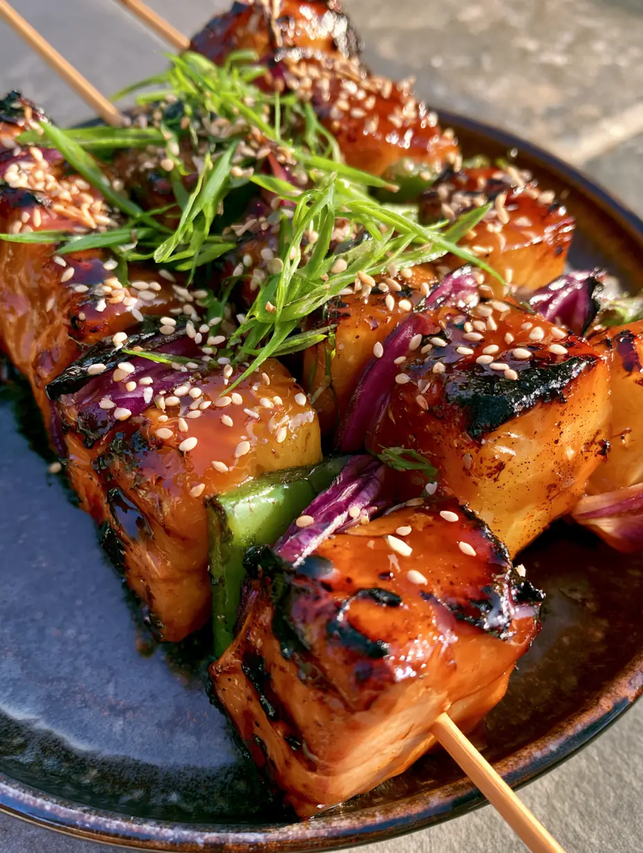 Hawaiian Chicken Kebabs with a Glistening Mahogany Teriyaki Glaze 3 Extreme close-up of seared chicken chunks with golden-brown grill marks and mahogany glaze. (Hawaiian Chicken Kebabs)