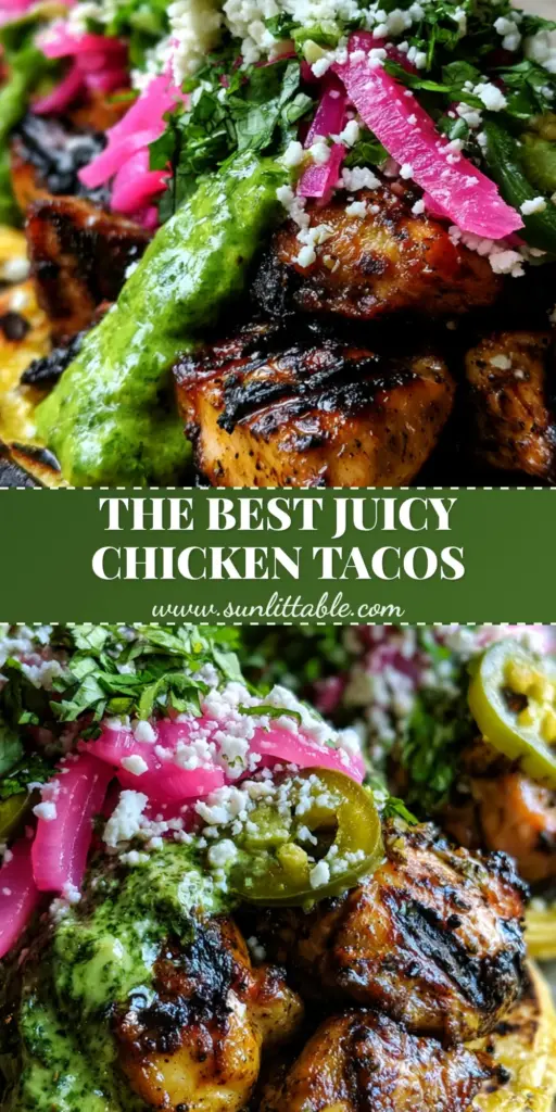 A stack of three grilled chicken tacos on a wooden board featuring charred yellow corn tortillas and creamy cilantro lime sauce. (grilled chicken tacos)