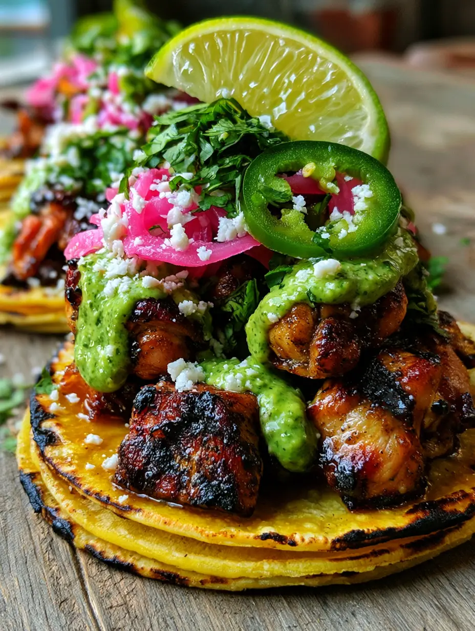 Extreme close-up of grilled chicken tacos with succulent thigh meat, dark grill marks, and lime juice droplets. (grilled chicken tacos)