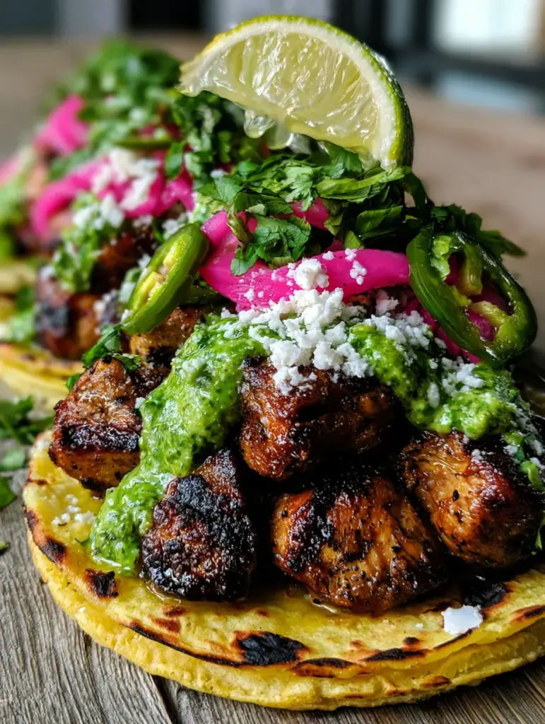 A handheld perspective of street-style grilled chicken tacos topped with pink pickled onions and cotija cheese.