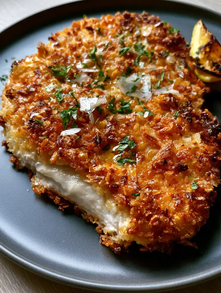 Baked Chicken Cutlets: The Secret to Ultra-Crispy Parmesan Panko Perfection 2 Hero shot of a thick, succulent chicken cutlet sliced open to show steam, resting on a dark plate with baked chicken cutlets panko crust.