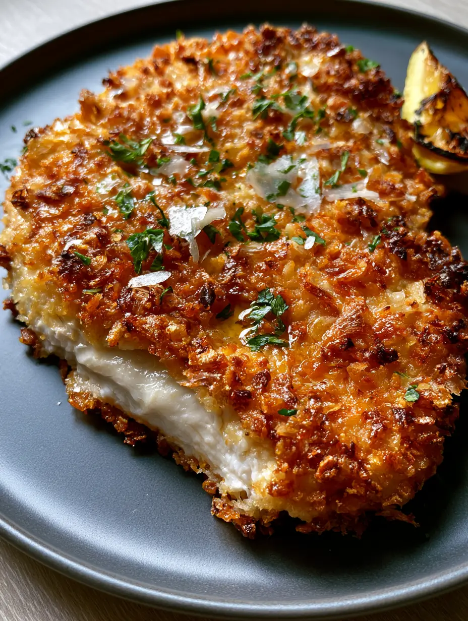 Baked Chicken Cutlets: The Secret to Ultra-Crispy Parmesan Panko Perfection 3 Hero shot of a thick, succulent chicken cutlet sliced open to show steam, resting on a dark plate with baked chicken cutlets panko crust.