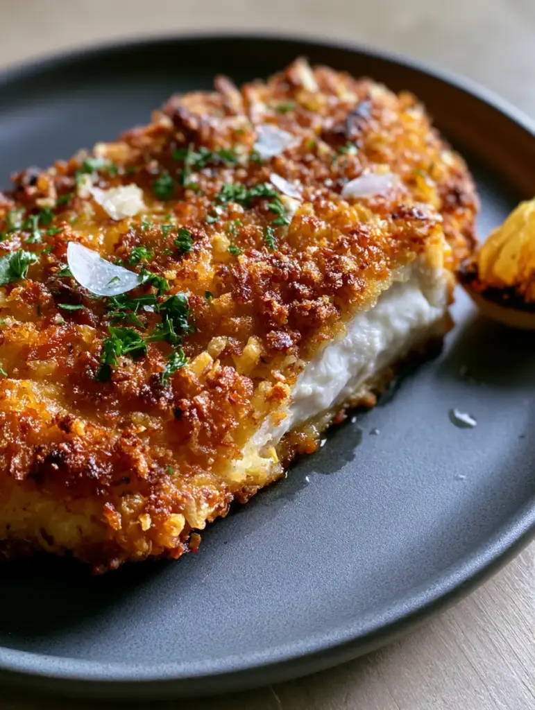 Baked Chicken Cutlets: The Secret to Ultra-Crispy Parmesan Panko Perfection 1 Top-down view of baked chicken cutlets with charred lemon, Maldon salt flakes, and minced parsley on a neutral wooden table.