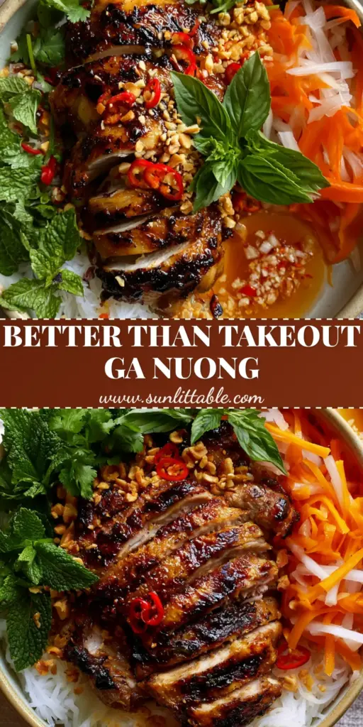 A top-down aesthetic shot of Vietnamese Grilled Chicken in a ceramic bowl with vermicelli, pickled carrots, and fresh herbs.