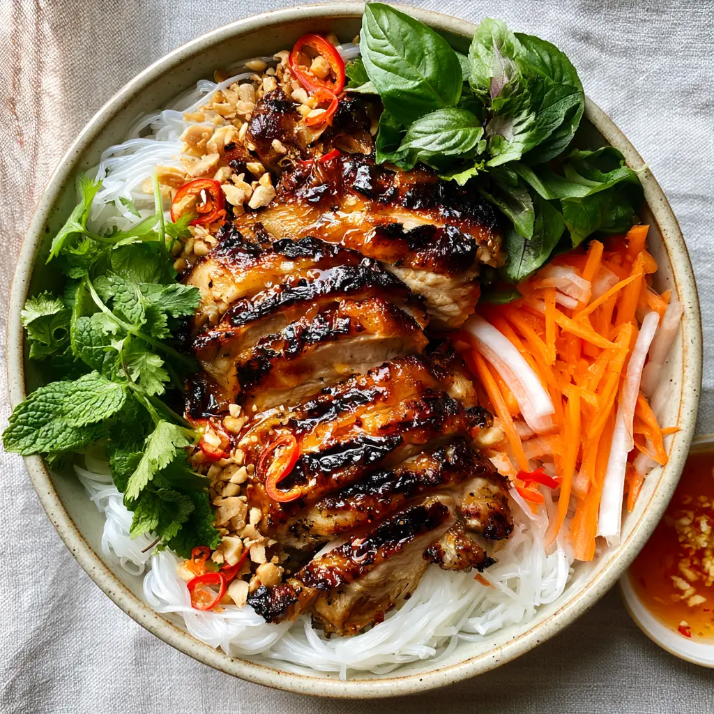 A ceramic bowl containing Vietnamese Grilled Chicken, translucent noodles, bright herbs, and a side of amber nuoc cham sauce.