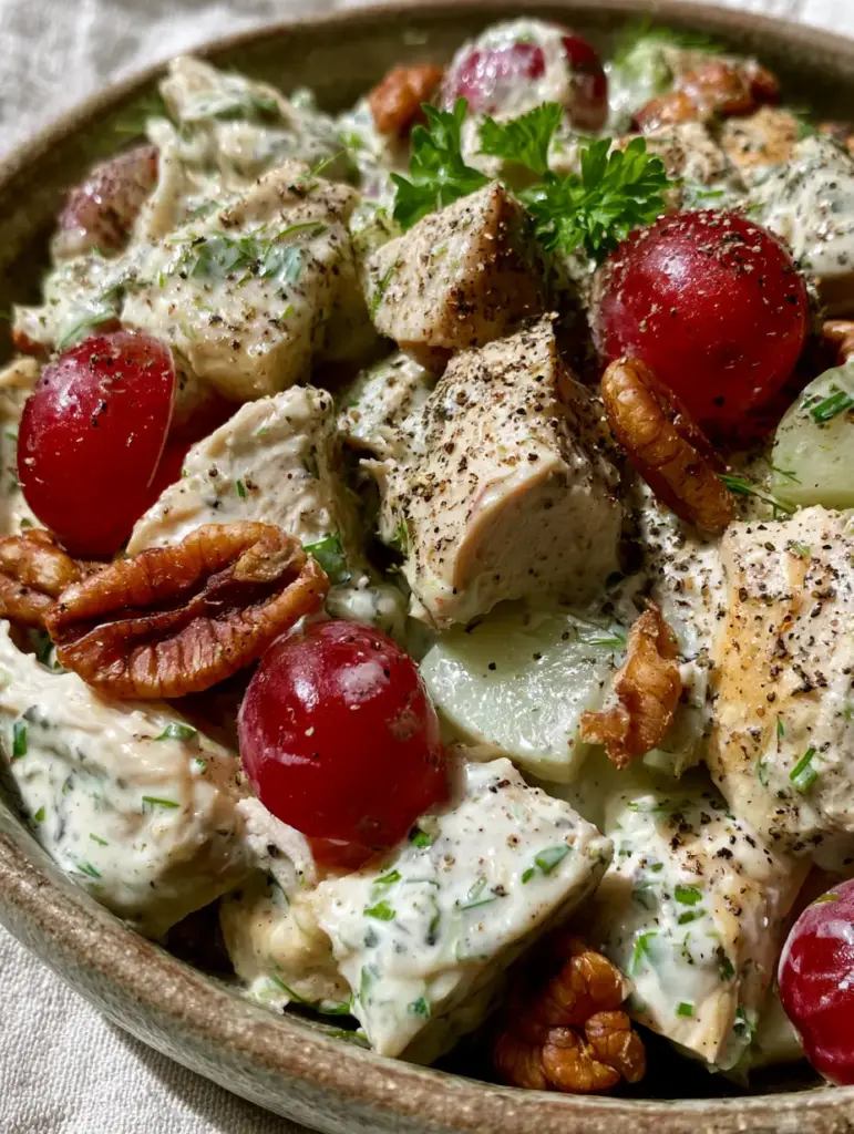 Succulent chunks of hand-shredded chicken nested with halved crimson grapes and golden pecans in a ceramic bowl.