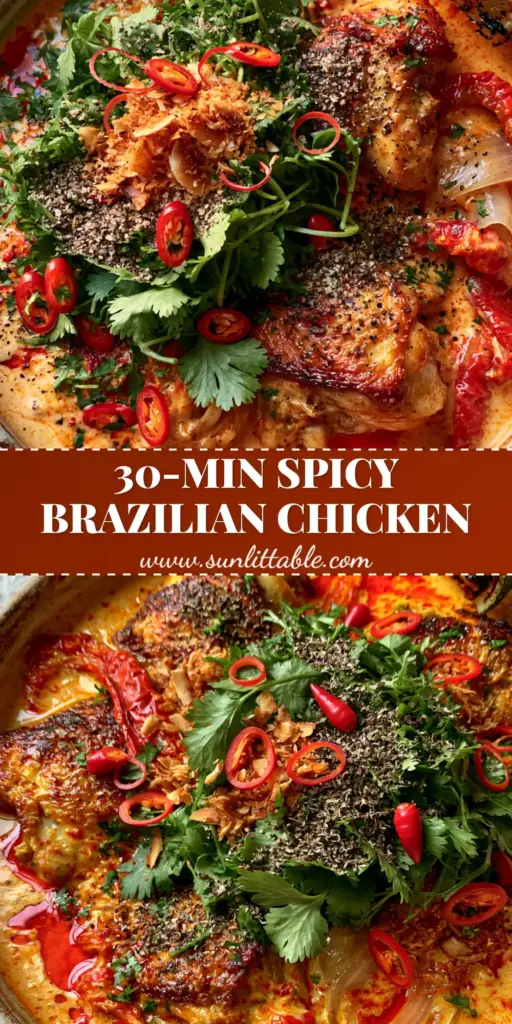 Spicy Brazilian Coconut Chicken with Charred Lime and Toasted Coconut 4 A rustic shallow ceramic pot of Spicy Brazilian Coconut Chicken with a thick orange sauce, red chili oil droplets, and a charred lime wedge on the rim.