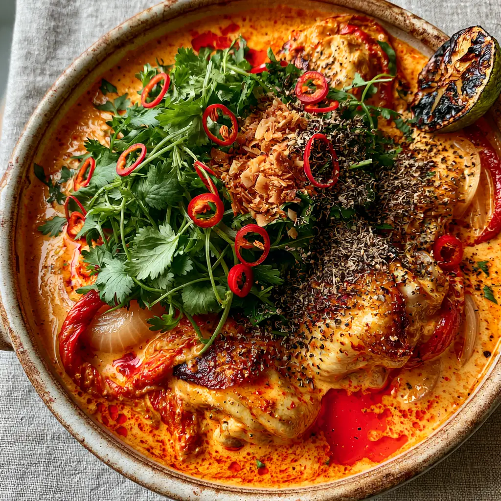 Spicy Brazilian Coconut Chicken with Charred Lime and Toasted Coconut 2 Overhead smartphone photo of Spicy Brazilian Coconut Chicken in a ceramic pot showing pools of red chili oil and golden-seared chicken chunks.