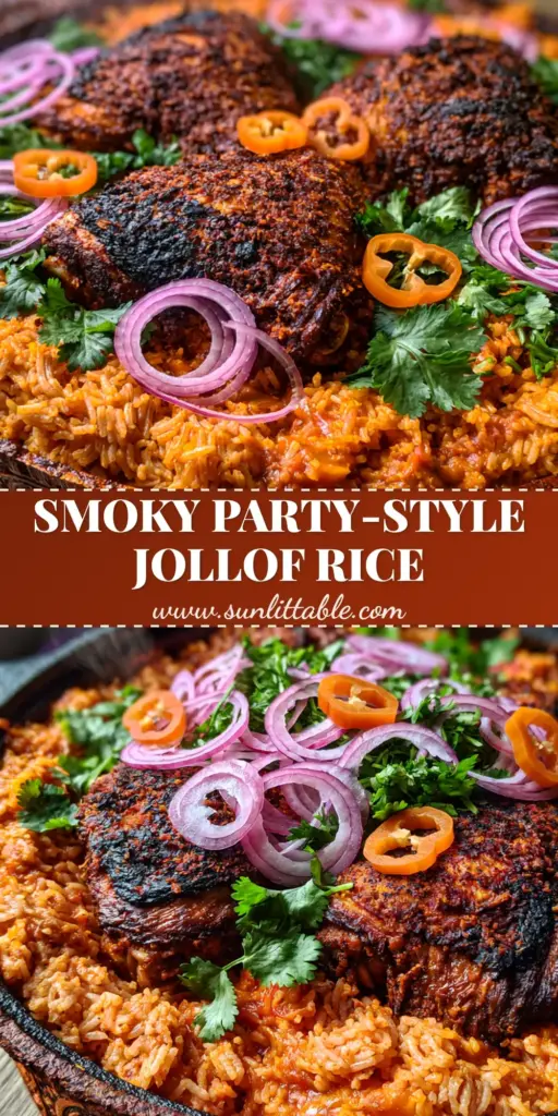 Chicken Jollof Rice with Smoky Charred Chicken Thighs 4 A rustic cast iron pot filled with vibrant orange-red Chicken Jollof Rice, topped with charred chicken thighs, raw red onion rings, and fresh cilantro.