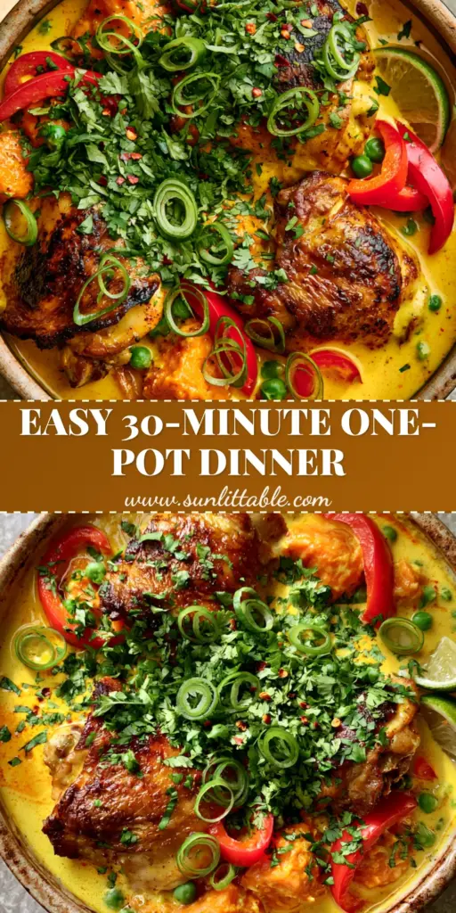 Caribbean Coconut Chicken Stew: A One-Pot Tropical Comfort Feast 4 A vertical high-angle shot of Caribbean coconut chicken stew in a rustic ceramic one-pot with seared chicken, yellow sauce, and sweet potatoes.