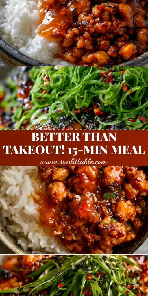 Firecracker Ground Chicken with Sticky Sweet Heat and Jasmine Rice 4 A vertical split-screen showing a bowl of Firecracker Ground Chicken over jasmine rice with a macro close-up of the glossy, charred chicken crumbles.