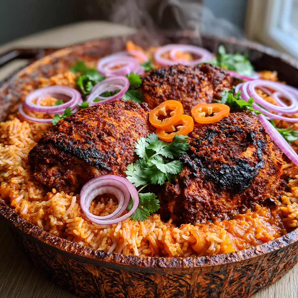 Chicken Jollof Rice with Smoky Charred Chicken Thighs 2 Overhead smartphone photo of Chicken Jollof Rice with succulent spice-rubbed chicken thighs and bright garnishes. (Chicken Jollof Rice)