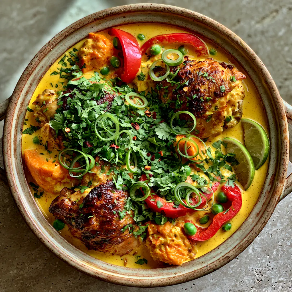 Caribbean Coconut Chicken Stew: A One-Pot Tropical Comfort Feast 2 Close-up of seared chicken thighs in a vibrant yellow Caribbean coconut chicken stew with red peppers and green peas.