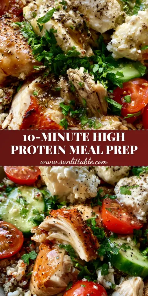 Quinoa Rotisserie Chicken Salad with Lemon-Herb Vinaigrette 4 A vertical Pinterest pin featuring a macro top-down view of Quinoa Rotisserie Chicken Salad with fluffy grains, golden chicken skin, and glossy lemon vinaigrette.