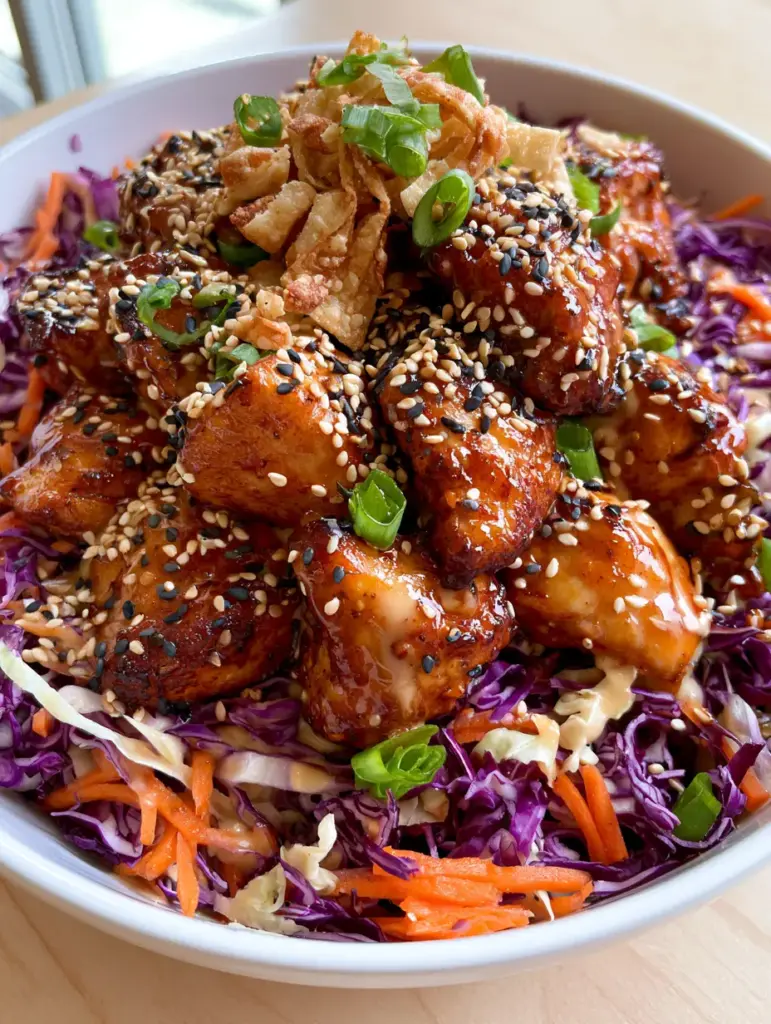 Sesame Chicken Salad with Crunchy Cabbage and Glossy Ginger Glaze 1 Wide shot of the sesame chicken salad showing napa cabbage ribbons, julienned carrots, and crispy wonton strips.