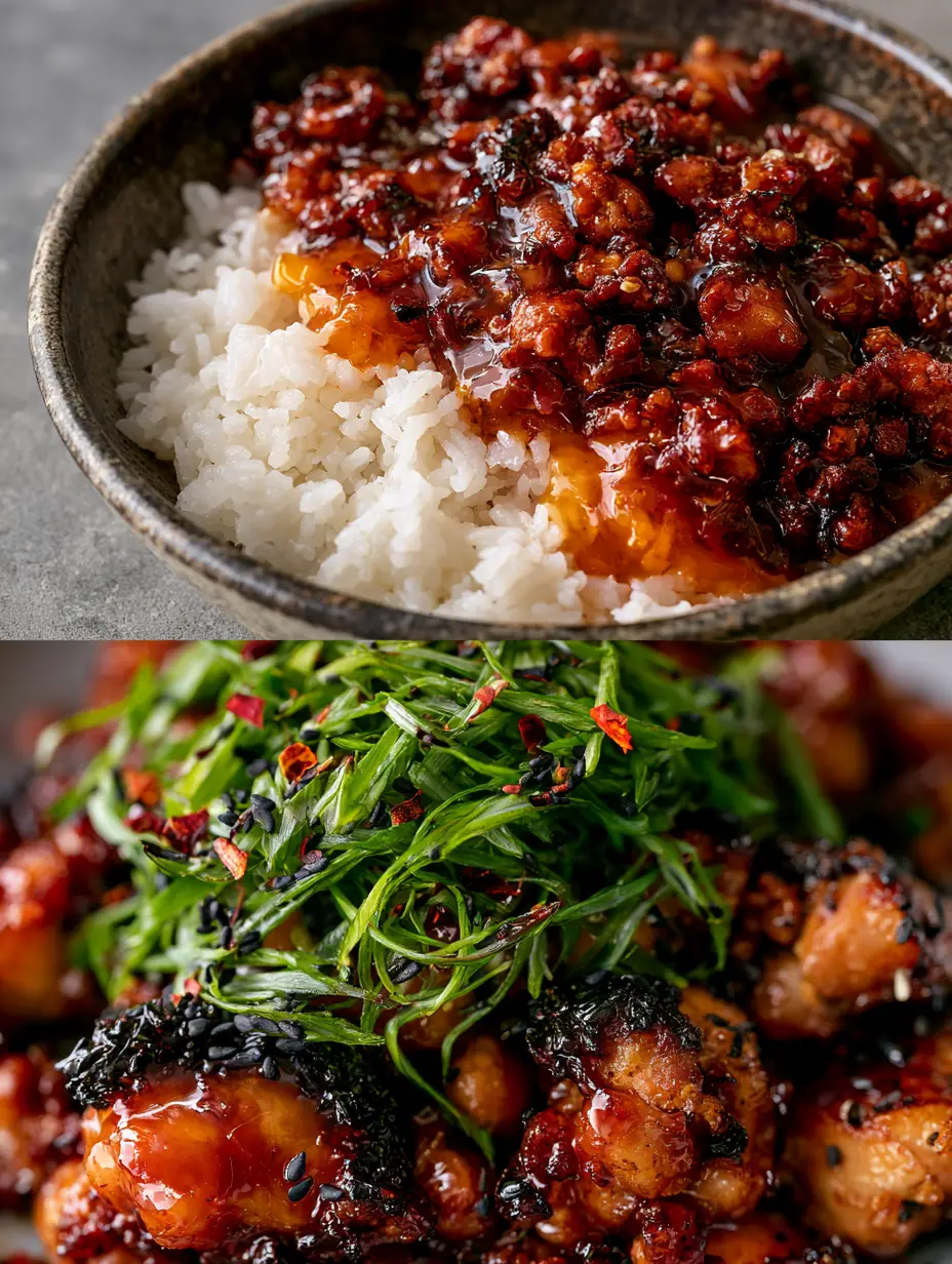 Firecracker Ground Chicken with Sticky Sweet Heat and Jasmine Rice 3 High-angle view of Firecracker Ground Chicken in a dark stoneware bowl with fluffy jasmine rice and vibrant scallions.