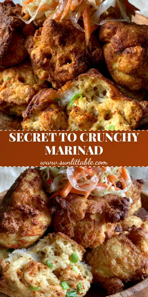 Haitian Chicken Fritters: Authentic Crispy Marinad Recipe 3 A heap of golden-brown Haitian chicken fritters in a wooden bowl topped with colorful Pikliz. (Haitian chicken fritters)