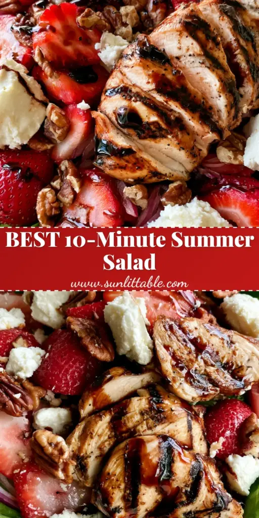 Strawberry Chicken Salad with Balsamic Glaze and Feta 3 A top-down macro shot of a vibrant Strawberry Chicken Salad in a rustic white ceramic bowl featuring grilled chicken, fresh strawberries, and balsamic glaze.