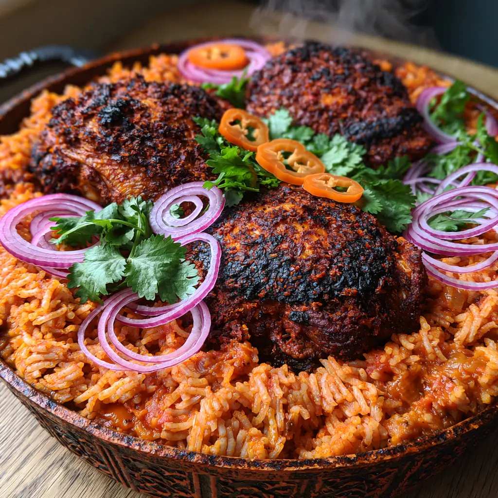Chicken Jollof Rice with Smoky Charred Chicken Thighs 1 Close-up of charred chicken skin on a bed of Jollof rice with sliced scotch bonnets and red onions.