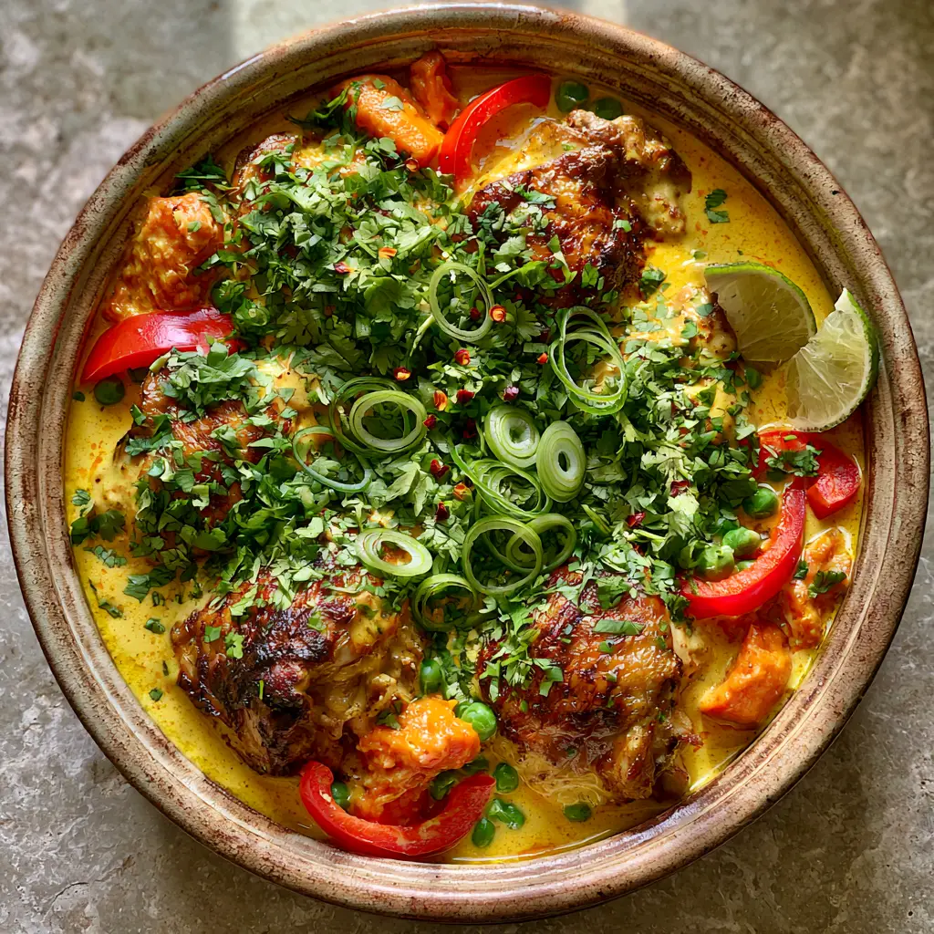 Caribbean Coconut Chicken Stew: A One-Pot Tropical Comfort Feast 1 Overhead view of Caribbean coconut chicken stew garnished with cilantro and scallions on a grey stone countertop.