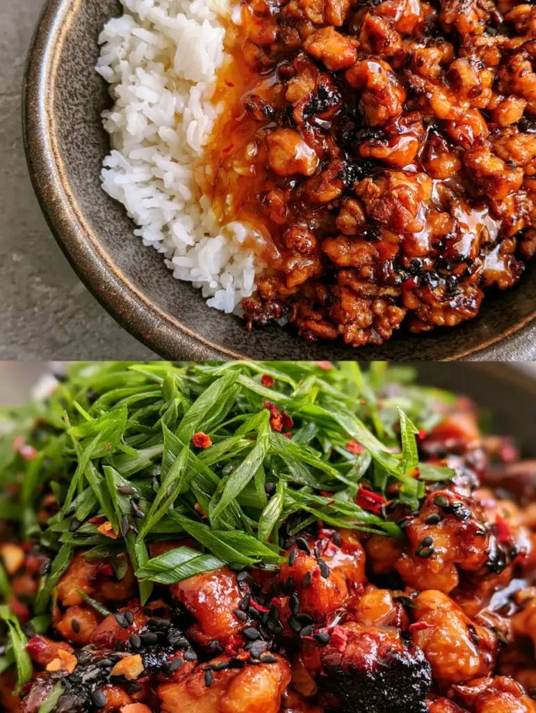 Firecracker Ground Chicken with Sticky Sweet Heat and Jasmine Rice 1 Macro photography of charred Firecracker Ground Chicken crumbles coated in a thick, translucent orange-red glaze.