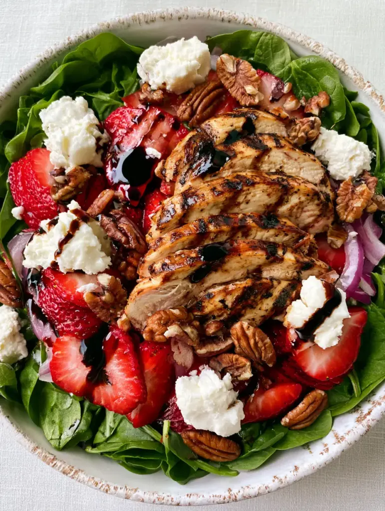 Strawberry Chicken Salad with Balsamic Glaze and Feta 2 Close up shot of seared chicken breast with grill marks and sliced strawberries on a bed of spinach. (Strawberry Chicken Salad)