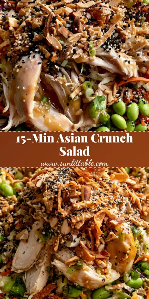 A top-down close-up of an Asian crunch chicken salad in a matte cream bowl, showing shredded cabbage, carrots, and crispy wontons.