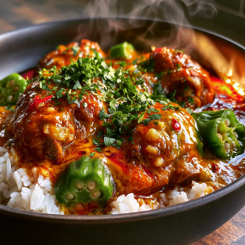 Chicken Muamba Recipe: The Ultimate Glossy Angolan Stew 2 Macro photo of Chicken Muamba showing the silky sheen of the red palm oil sauce and visible okra seeds. (Chicken Muamba)