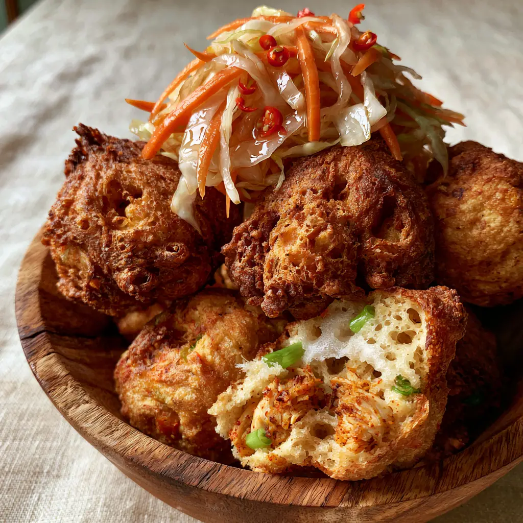 Haitian Chicken Fritters: Authentic Crispy Marinad Recipe 1 One Haitian chicken fritter broken in half to reveal a steaming, porous, and fluffy interior with scallion flecks.