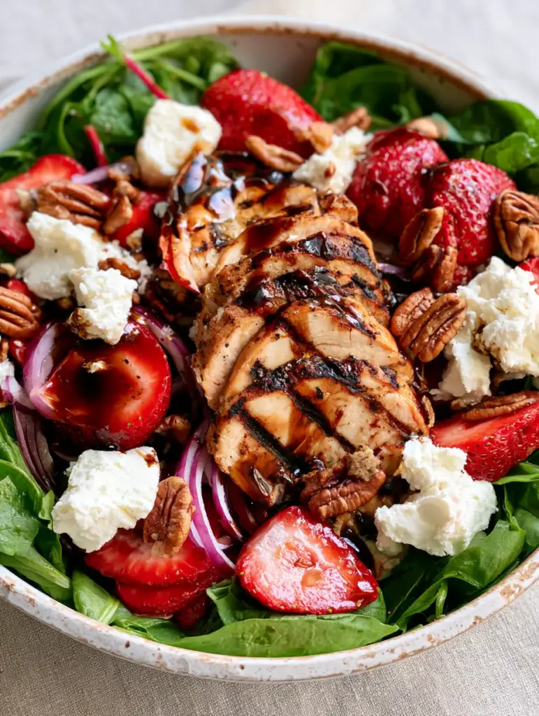 Strawberry Chicken Salad with Balsamic Glaze and Feta 1 Glossy balsamic glaze drizzled over white feta cheese and red strawberries. (Strawberry Chicken Salad)