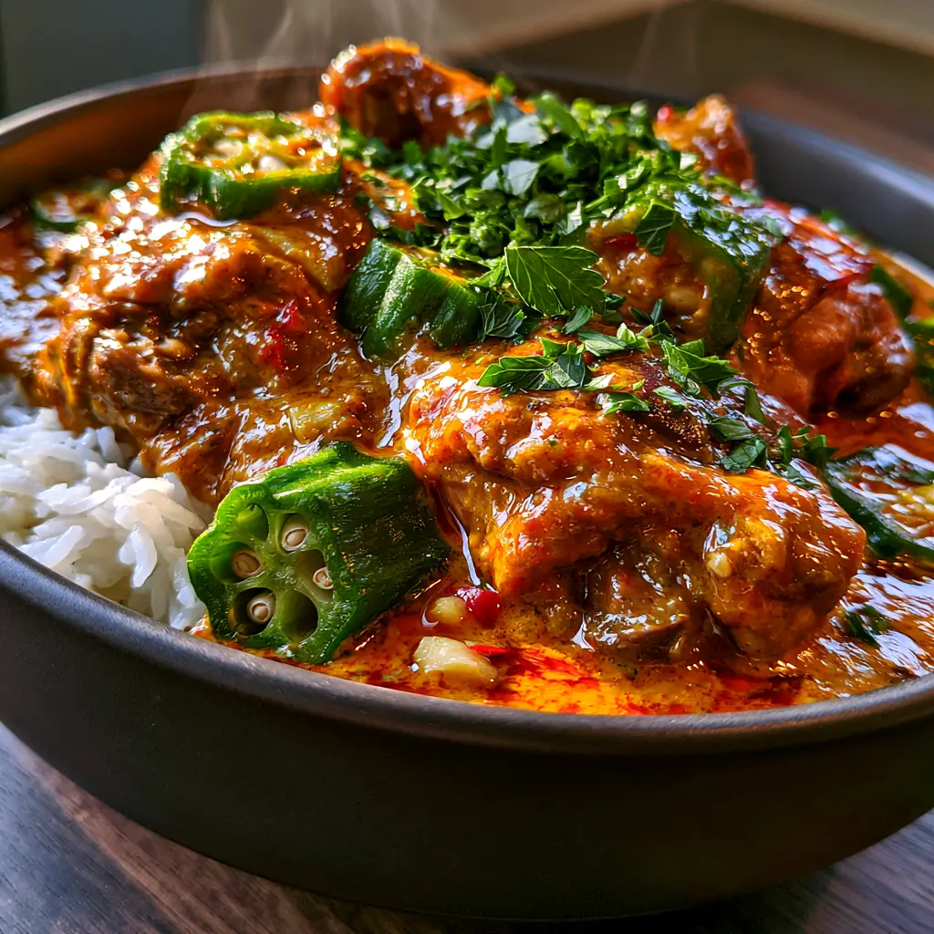 Chicken Muamba Recipe: The Ultimate Glossy Angolan Stew 1 Several pieces of fork-tender chicken thighs glistening with Muamba sauce and garnished with fresh parsley.