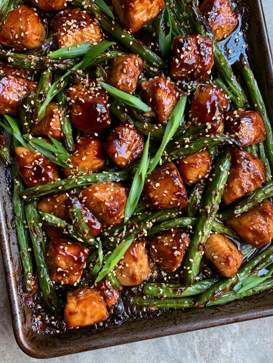 Teriyaki Chicken and Green Beans: The Ultimate Glossy Sheet Pan Dinner 3 Overhead view of seared chicken breast cubes and charred green beans in a thick mahogany glaze. (Teriyaki Chicken and Green Beans)