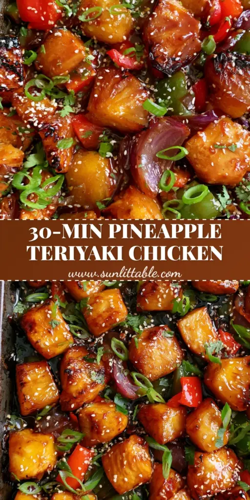 Pineapple Chicken Teriyaki with Roasted Peppers and Charred Pineapple 4 A top-down aesthetic close-up of a rustic dark metal sheet pan filled with Pineapple Chicken Teriyaki featuring charred pineapple and glistening amber glaze.