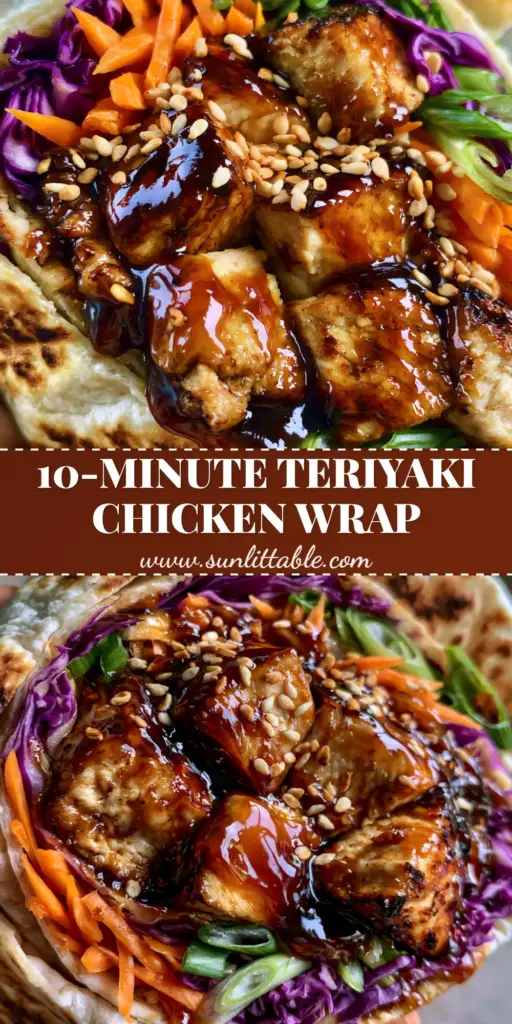Teriyaki Chicken Wrap with Crunchy Slaw and Glossy Glaze 4 A close-up shot of a sliced teriyaki chicken wrap featuring glossy glazed chicken and colorful vegetables. (teriyaki chicken wrap)