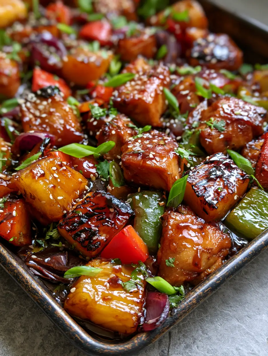 Pineapple Chicken Teriyaki with Roasted Peppers and Charred Pineapple 3 Close up of seared chicken breast chunks coated in a thick glistening dark amber pineapple chicken teriyaki glaze with toasted sesame seeds.