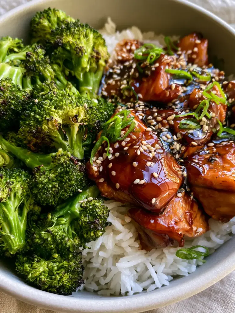 Teriyaki Chicken With Broccoli: The Ultimate Glossy Stir-Fry Guide 1 Close up of tender-crisp charred broccoli florets next to fluffy jasmine rice.