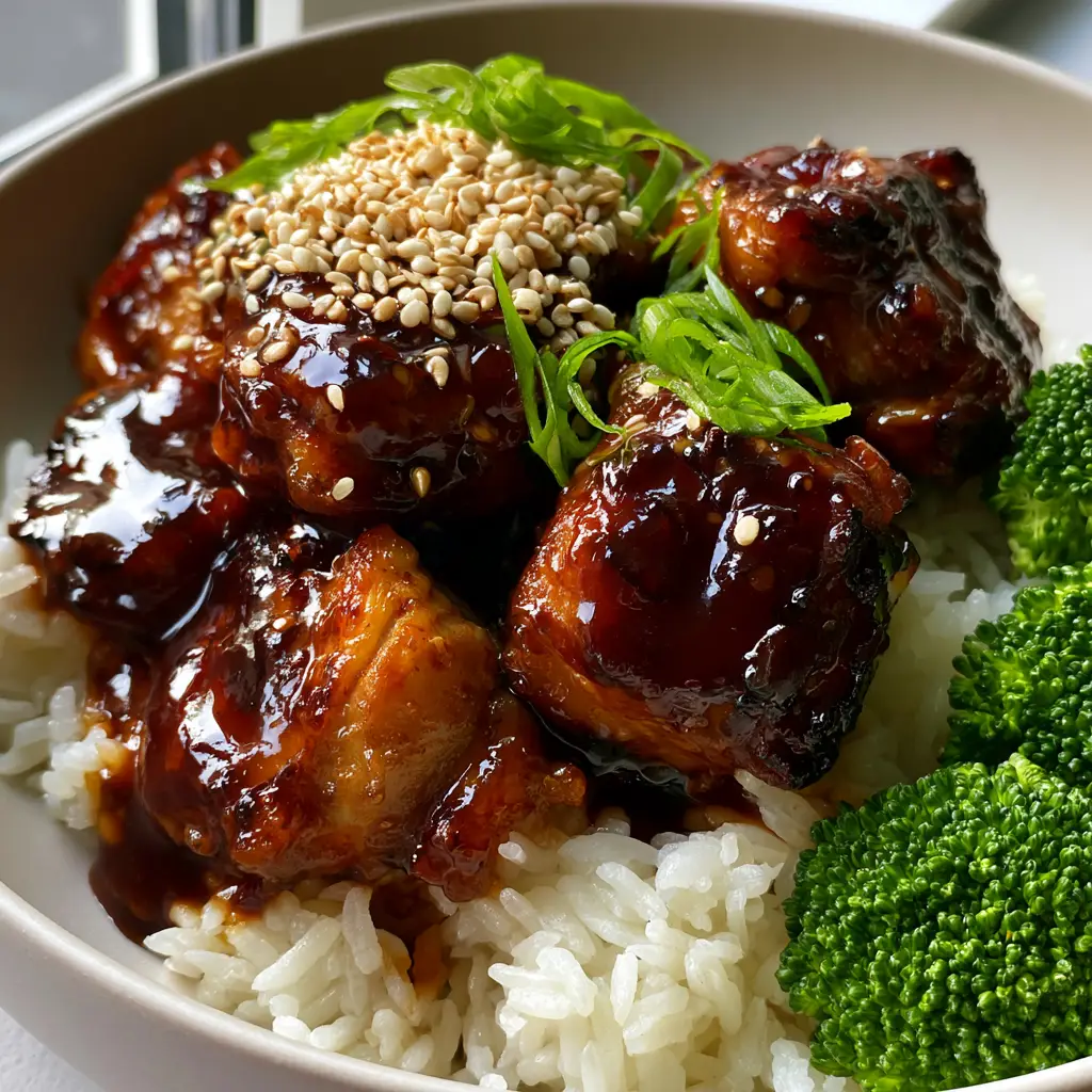 Gluten Free Teriyaki Chicken with a Glossy Mahogany Glaze 2 Macro close-up of Gluten Free Teriyaki Chicken showing thick, syrupy mahogany glaze and golden-brown seared edges with sesame seeds.
