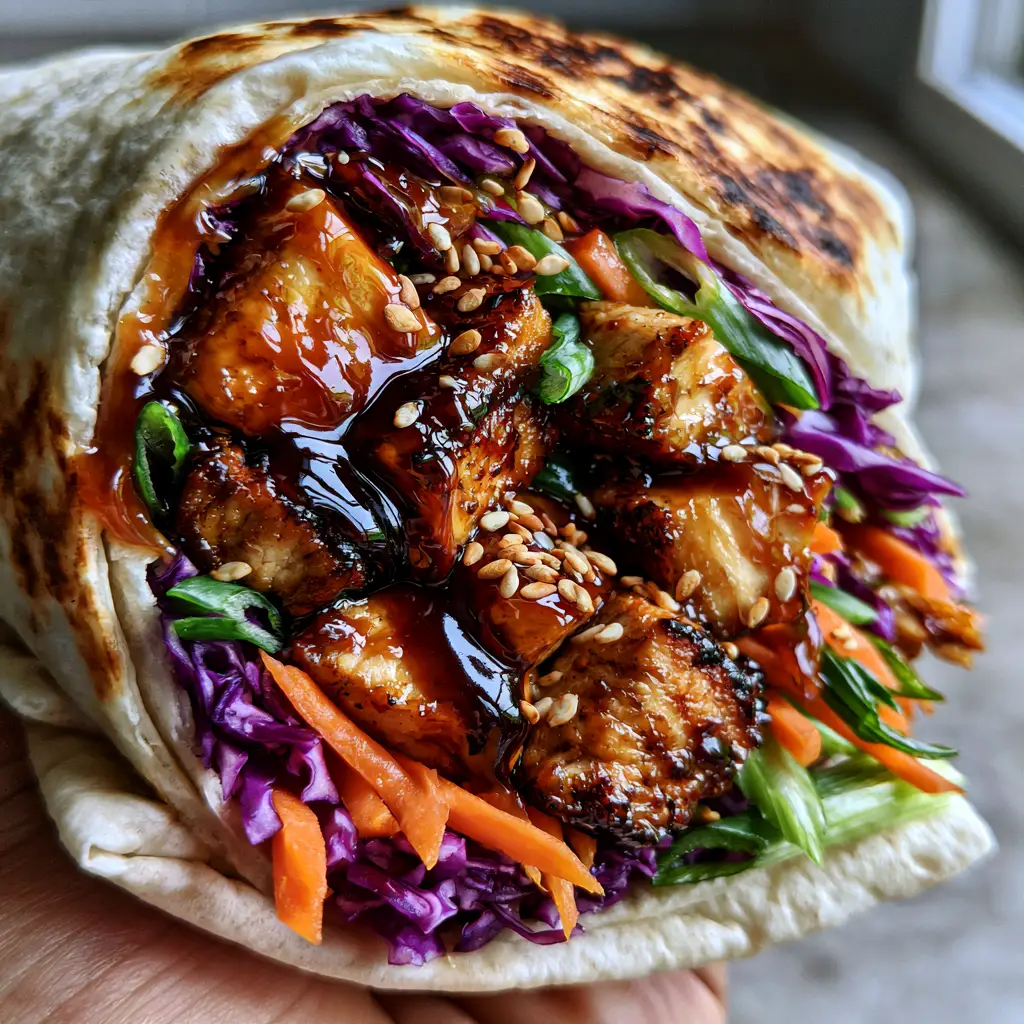 Teriyaki Chicken Wrap with Crunchy Slaw and Glossy Glaze 2 A handheld macro cross-section shot showing the thick amber glaze and shredded purple cabbage in a teriyaki chicken wrap. (teriyaki chicken wrap)