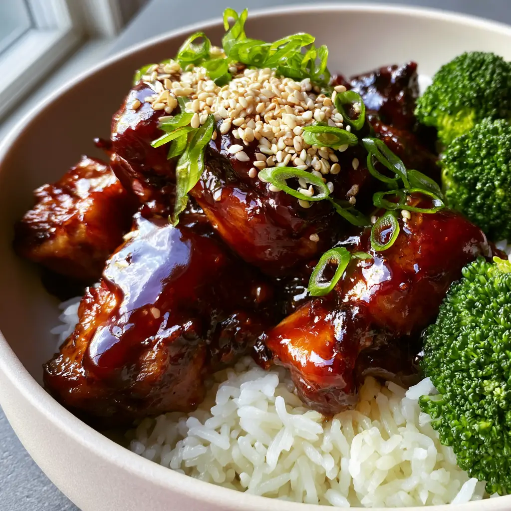 Gluten Free Teriyaki Chicken with a Glossy Mahogany Glaze 1 Top view of pan-seared chicken chunks coated in a dark, translucent teriyaki sauce topped with sliced green scallions.