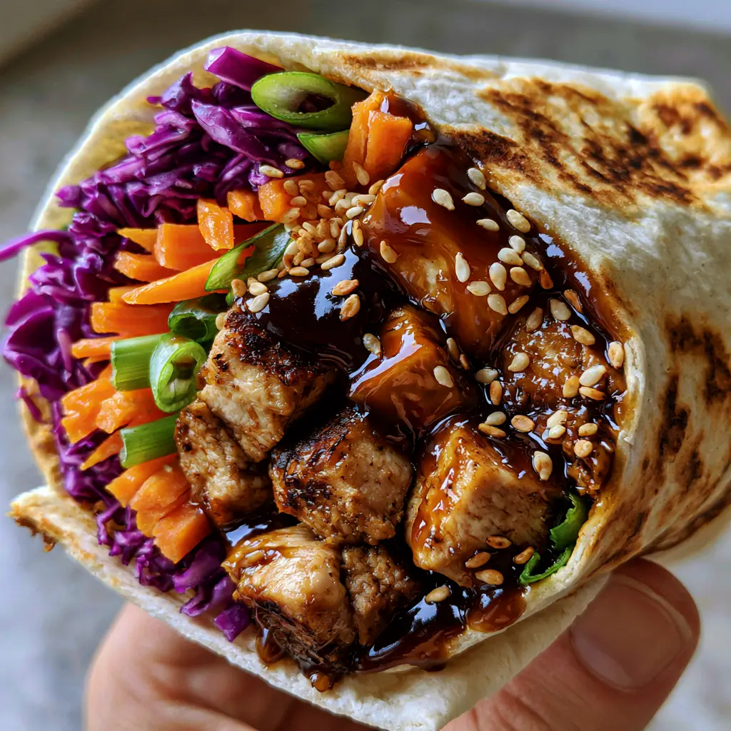 Teriyaki Chicken Wrap with Crunchy Slaw and Glossy Glaze 1 Detailed view of seared chicken breast cubes with sesame seeds inside a charred tortilla. (teriyaki chicken wrap)