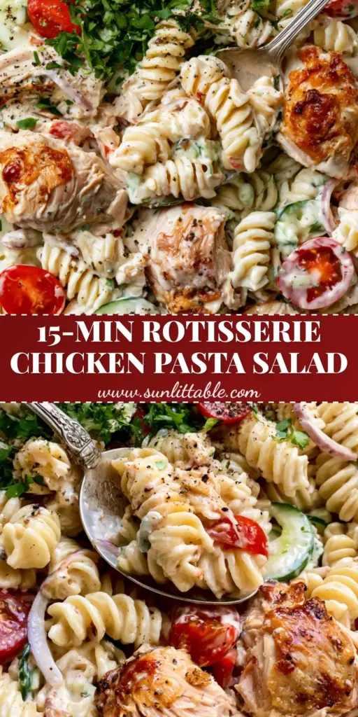 A close-up shot of a creamy chicken pasta salad in a white bowl being served with a silver vintage spoon.