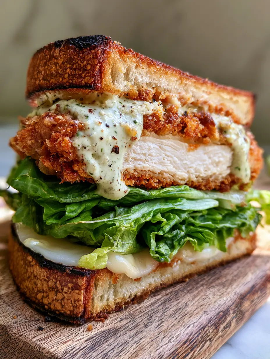 Chicken Caesar Sandwich: The Ultimate Crispy Panko Fried Chicken Guide 3 Sliced chicken Caesar sandwich on a rustic wooden board showing the thick panko crust and melted provolone.
