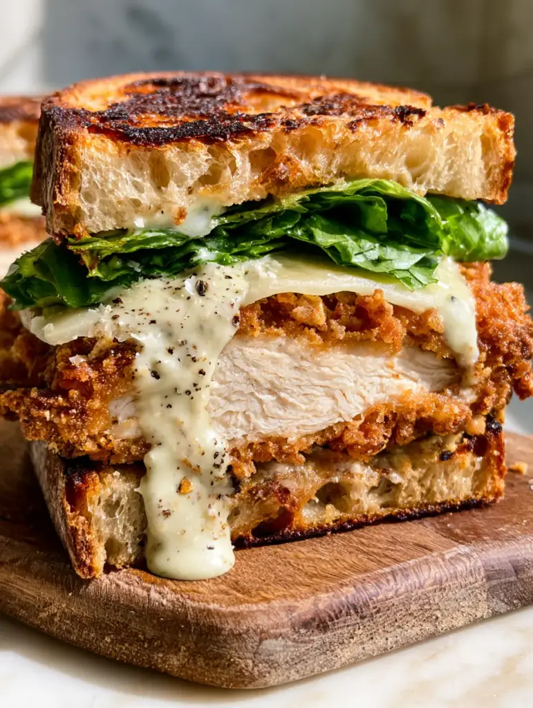 Chicken Caesar Sandwich: The Ultimate Crispy Panko Fried Chicken Guide 1 Close up of charred sourdough bread and creamy Caesar dressing on a crispy chicken sandwich.