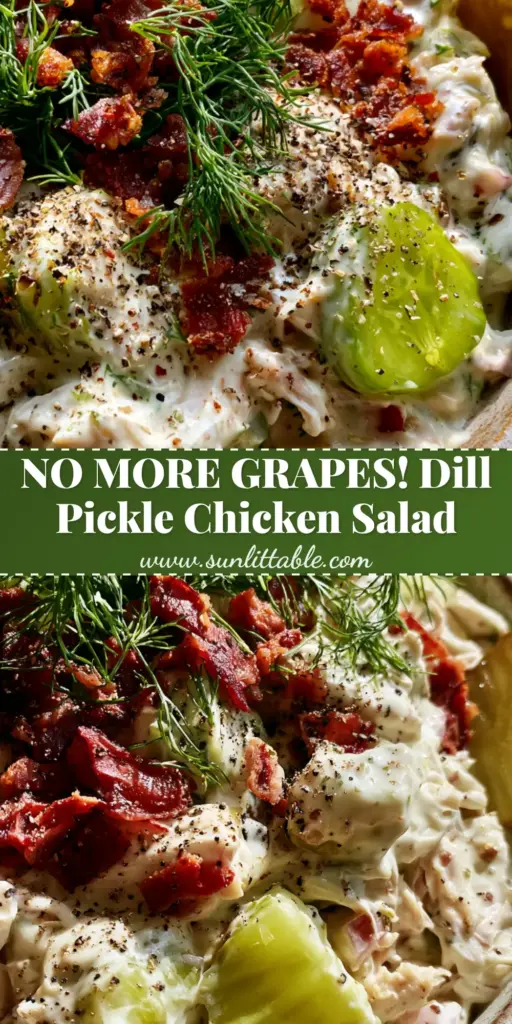 Dill Pickle Chicken Salad: The Creamiest Crunchy Rotisserie Recipe 3 A top-down close-up of dill pickle chicken salad in a ceramic bowl, topped with bacon and fresh dill sprigs. (dill pickle chicken salad)