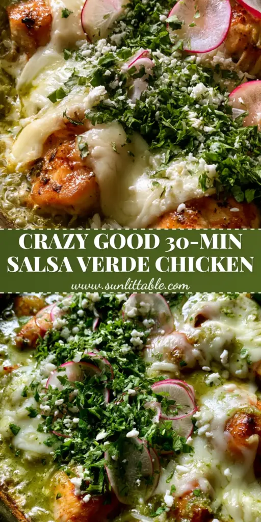 Salsa Verde Chicken & Rice Skillet: The Ultimate One-Pan Zesty Dinner 4 A top-down view of a Salsa Verde Chicken & Rice Skillet in a cast iron pan, topped with melted Monterey Jack, radishes, and cilantro.