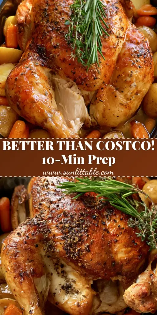 Crockpot Rotisserie Chicken with Crispy Golden Skin and Yukon Gold Potatoes 4 A whole roasted crockpot rotisserie chicken with golden-brown skin, cracked black pepper, and herbs, served over Yukon Gold potatoes and carrots.